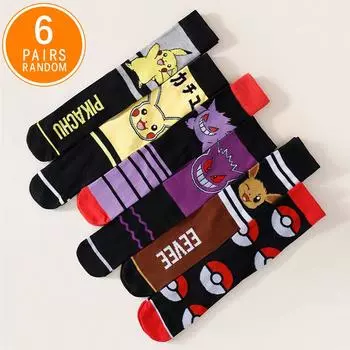 6 пар мужских носков случайной комбинации, новые модные, с оригинальным и забавным мультяшным рисунком покемонов, повседневные носки средней длины для пары One Size