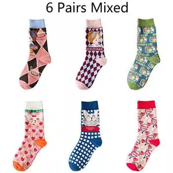 6 пар носков с граффити, модные, с индивидуальностью, трендовые, парные носки, средней длины, носки с котиками, женские