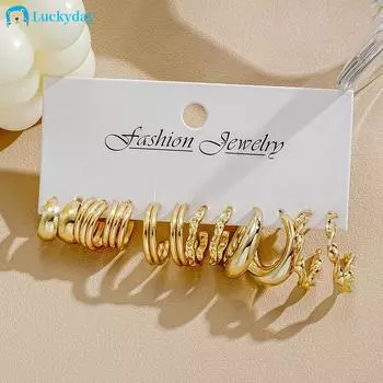 6 пар ретро многослойных серег-кольцов, золотые круглые серьги для женщин, ювелирные аксессуары