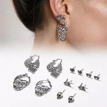 6 пар сережек-гвоздиков унисекс на Хэллоуин, серьги-гвоздики в форме черепа, пчелы, летучей мыши, висячие серьги, модные ювелирные изделия, подарок серебряный
