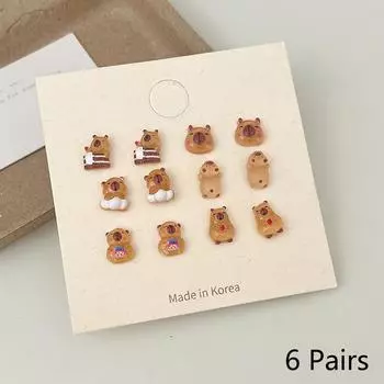6 пар симпатичных сережек-капибар для женщин и девочек, мультяшные кавайные универсальные крошечные серьги, ювелирные аксессуары, подарки