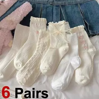 6 пар женских носков средней длины с бабочкой и узлом, милые носки Lolita Jk Lace Heart, мягкие, удобные, впитывающие пот, дышащие, повседневные носки One Size