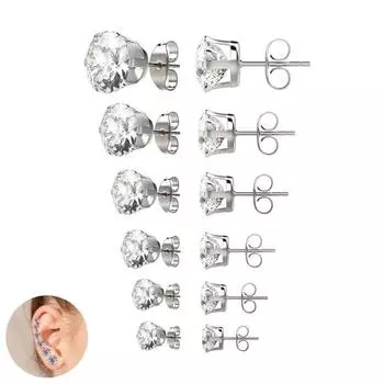 6 пар женских сережек-гвоздиков разных размеров 3-8 мм кубический цирконий многогранная огранка