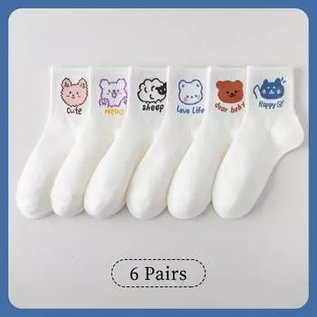 6 пар женских весенне-осенних мультяшных милых носков средней длины в сладком студенческом стиле с надписями и рисунками животных One Size