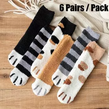 6 пар женских зимних теплых пушистых носков с милым рисунком в виде когтей животных и кошачьих лапок, толстые носки из кораллового флиса для сна дома One Size