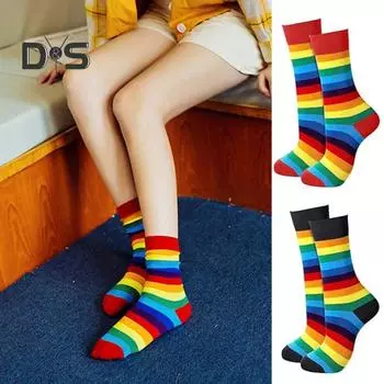 6 пар зимних носков унисекс с разноцветными радужными полосками, средней длины, эластичные, сохраняющие тепло, нескользящие, толстые, для пар, повседневные спортивные носки разноцветный