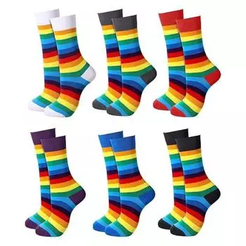 6 пар зимних носков унисекс с разноцветными радужными полосками, средней длины, эластичные, сохраняющие тепло, нескользящие, толстые, для пар, повседневные спортивные носки