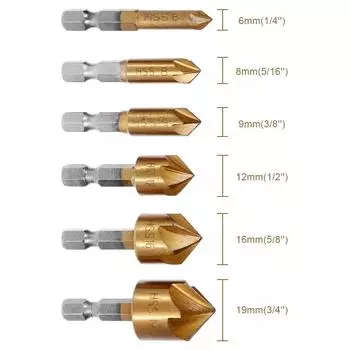 6 Pcs Countersink Drill Bit Set 1/4 Hex Shank HSS 5 Flute Countersink 90 Degree Wood Chamfering Cutter Woodworking Tools Hexagonal