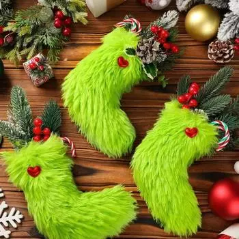 6 Pcs Plush Christmas Stockings Green Furry Hanging Stockings Faux Fur Festive Stockings