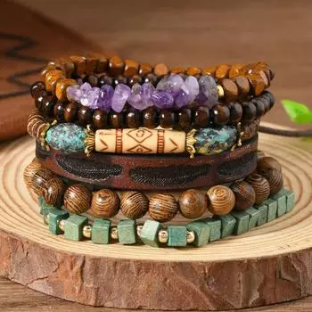 6-Piece new wooden bead beaded gravel leather men s and women s bracelets are suitable for daily wear by men and women разноцветный