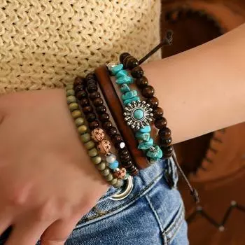 6-Piece new wooden bead beaded turquoise bracelet suitable for daily wear by men and women разноцветный