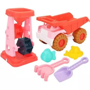 Набор игрушек для игры с песком из 6 предметов: песочное колесо, грузовик, формочки для песка, ведро, лопатка, набор водных игрушек, игрушка для отдыха на открытом воздухе для мальчиков и девочек 3, 4, 5, 6, 7 лет 15.5*15.5*14.5cm,6Pcs розовый/оранжевый