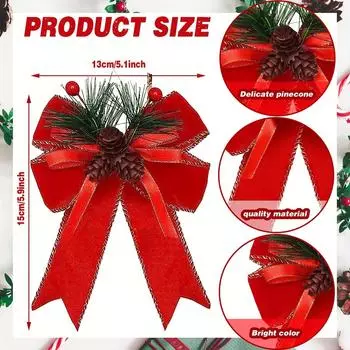 6-piece Set of Holiday Red Ribbon Bow with Pine Cones - Perfect for Christmas Trees and Holiday Decorations серебряный
