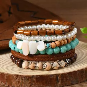 6-Piece set of new wooden beaded pearl leather men s and women s bracelets, suitable for daily wear by men and women разноцветный