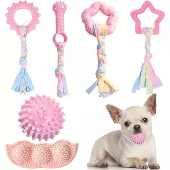 6-piece set of puppy toys, suitable for small dogs, cute puppy chewing toys, puppy toy set S розовый