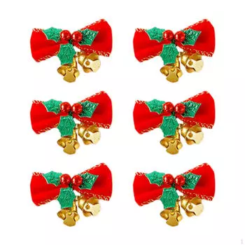 6 Pieces Christmas Bow with Bells Garland Ornament Gift Holiday Decorative Bows for Green Leaf