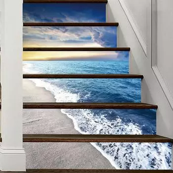 6 полосок, голубое небо и море, наклейки на лестницу, виниловые самоклеящиеся наклейки на отремонтированную лестницу, 39,37x7,08 дюйма для 6 ступеней 18cm*100cm*6Pcs