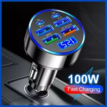 6 Ports 100W USB C Car Charger Fast Charging PD QC3.0 Car Phone Charger Type C Adapter in Car For iphone Xiaomi Huawei Samsung 100W Car Charger