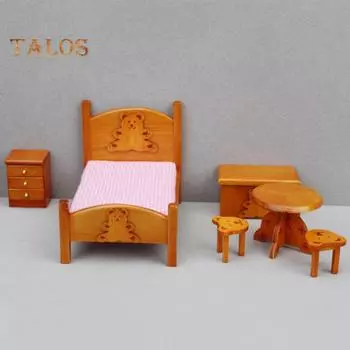 6 предметов миниатюрной мебели для спальни, масштаб 1/12, деревянная мини-кровать, тумбочка, сундук для хранения вещей, прикроватный столик, стул, аксессуары для кукольного домика, подарок для мини 6pcs
