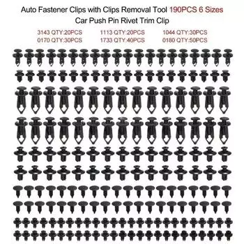 6 размеров, 190 шт., зажимы для автозастежек, фиксатор автомобиля, заклепки, дверная панель, облицовка крыла, накладка на крыло, пластиковые смешанные автомобильные зажимы