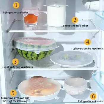 6 размеров Силиконовые эластичные крышки Универсальная крышка Силиконовая крышка для миски Крышка для кастрюли Силиконовая крышка для сковороды Приготовление пищи Крышка для свежей еды Крышка для микроволновой печи 6Pcs