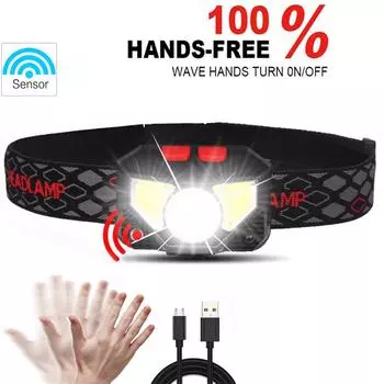 6 режимов датчика движения XPE+COB светодиодный налобный фонарь фонарик USB перезаряжаемый водонепроницаемый кемпинговый налобный фонарь для бега и рыбалки