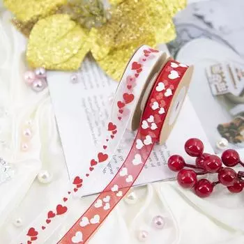 6 рулонов лент ко Дню святого Валентина с принтом в виде сердечек для упаковки подарков из органзы B