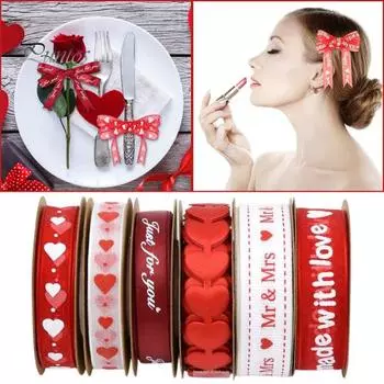 6 рулонов лент ко Дню святого Валентина с принтом в виде сердечек для упаковки подарков, ленты из органзы для годовщины, свадьбы, украшения B