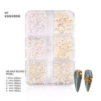 6-секционный жемчуг для нейл-арта AB Symphony, полукруглый жемчуг ABS, маленькие стальные шарики, смешанные украшения для ногтей