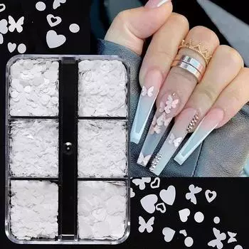 6 сеток, белые сердечки, бабочки, блестки для ногтей, наклейки для дизайна ногтей, для украшения ногтей на День святого Валентина