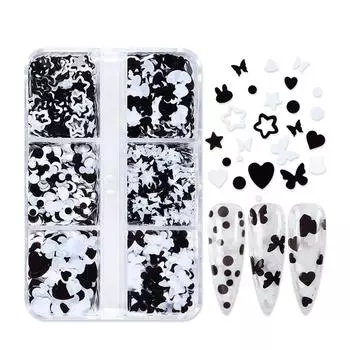 6 сеток, блестки для ногтей в форме сердца, бабочки, черные, белые блестки, блестящие хлопья для ногтей, 3D украшения для дизайна ногтей, аксессуары для маникюра