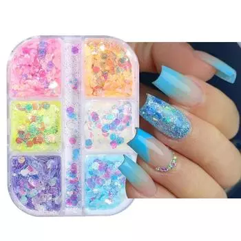 6 сеток для ногтей, блестящий порошок «Аврора», жемчужная оболочка, втирающий пигмент, мыло, блестящий шарм, дизайн ногтей