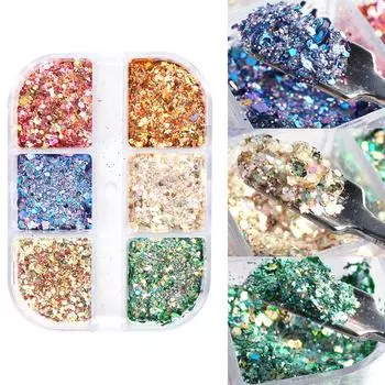 6 сеток голографических блесток порошок пайетки для ногтей смешанный дизайн украшения ногтей набор пигмент пудра маникюр CHINA