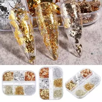 6 сеток из фольги для ногтей, потрясающие золотые блестки, алюминиевые нерегулярные шелковые полосы, хлопья, сделай сам, маникюр, украшение для дизайна ногтей