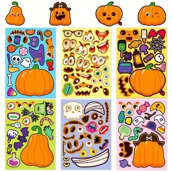 6 Sheets/Pack Halloween Pumpkin Puzzle Stickers Children S Cartoon Graffiti Pumpkin Face Change Stickers