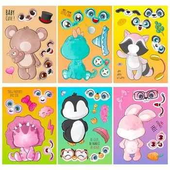 6 Sheets/Set Creative Kids DIY Make Your Own Cartoon Animal Sticker Handmade Craft Decal Birthday Party Gifts Decoration
