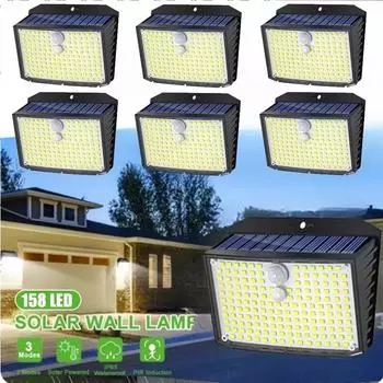 6 шт. 158 светодиодных настенных светильников на солнечных батареях, уличный охранный светильник с датчиком движения, водонепроницаемый, 3 режима, настенный светильник для двора, декор для сада, гаражный светильник 1pcs