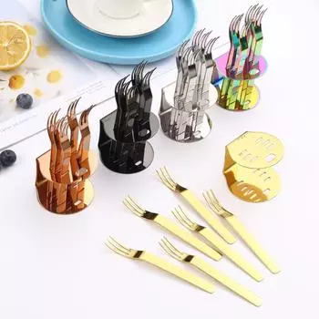 6 шт. 304 нержавеющая сталь вилка для фруктов золотая с подставкой прочный нержавеющий набор вилок для торта мини-вилка десертная вилка для послеобеденного чая серебряный