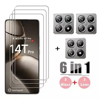 6 шт. [3+3] 6 в 1 для Xiaomi 14T / 14T Pro Прозрачная защитная пленка для экрана из закаленного стекла + пленка для объектива камеры HD Полноэкранное защитное стекло XiaoMi 14T Pro белый
