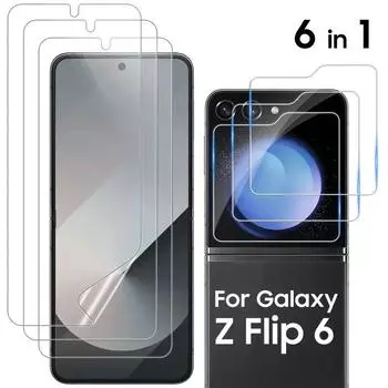 6 шт. 3+3 Flip 6 / Flip 5 HD Small Screen Protector + мягкая гидрогелевая пленка + пленка для объектива для Samsung Galaxy Z Flip 6 / Flip 5 5G прозрачная защитная пленка Flip6 Flip5 For Galaxy Flip 6 белый