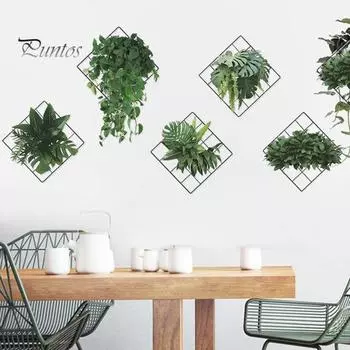 6 шт. 3D-сетка с зелеными растениями, съемная водонепроницаемая самоклеящаяся ПВХ-наклейка для гостиной, спальни, офиса, настенная наклейка с зелеными растениями зелёный