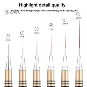 6 шт., 5/7/9/11/20/25 мм, кисть для подводки ногтей, ультратонкая нейлоновая металлическая ручка, портативная, для начинающих, профессиональная, для самостоятельного дизайна ногтей, детальный дизайн, цветной рисунок, точечный рисунок золотистый