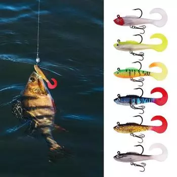 6 шт., 6 см/4 г, светящиеся мягкие рыболовные приманки, предварительно оснащенные джиг-головкой, приманки для плавания, реалистичные 3D глаза, яркие цвета, керлинг-хвост, поддельные приманки 6pcs