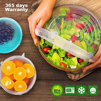 6 шт. адаптивная крышка силиконовая крышка пищевые колпачки эластичные эластичные свежие крышки для микроволновой печи эластичный силиконовый чехол для кухонных аксессуаров синий