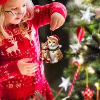 6 шт. Акриловые украшения для рождественской елки в виде кошки, плоская рождественская подвеска в виде кошки для дома, офиса, автомобиля Six-piece set