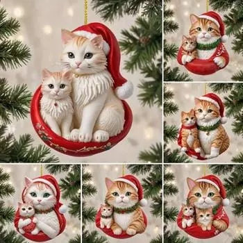 6 шт. Акриловые украшения для рождественской елки в виде кошки, мультяшная плоская рождественская подвеска в виде кошки