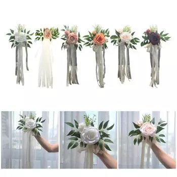 6 шт. элегантных белых искусственных цветов для стульев, скамеек, цветочных украшений с лентами для свадебных аллей и вечеринок 5