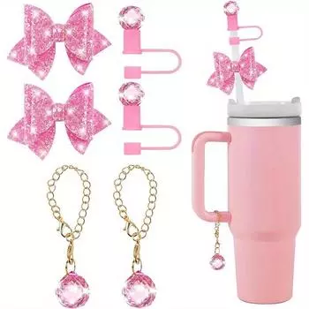 6 шт. блестящих соломенных чехлов для аксессуаров для чашек - сверкающие хрустальные топперы, милые галстуки-бабочки и подвески в виде хрустальных призм для стаканов 30 и 40 0z с ручкой розовый