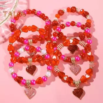 6 шт. браслет комплект пайеток кулон в форме сердца красные бусины эластичный шнур наборные браслеты подарок на день святого валентина запястье ювелирные изделия красный