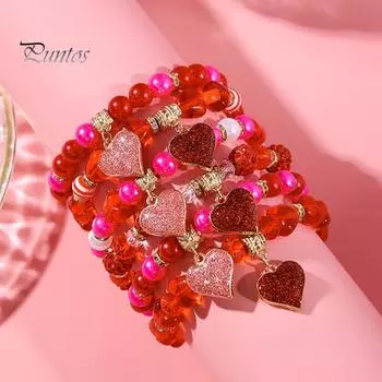 6 шт. браслет комплект пайеток кулон в форме сердца красные бусины эластичный шнур наборные браслеты подарок на день святого валентина запястье ювелирные изделия красный